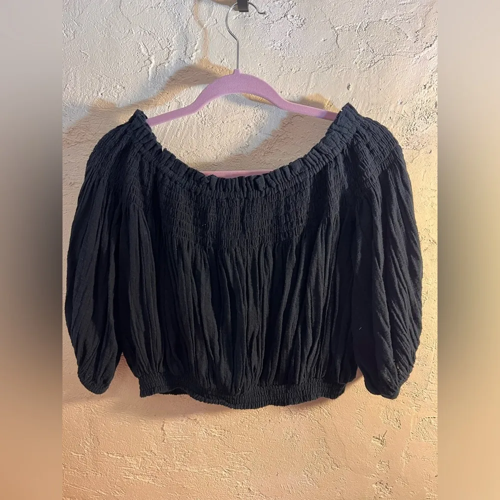 We The Free Black Puff Sleeve Ruffled Crop Blouse summer beach resortwear oversz - Image 8
