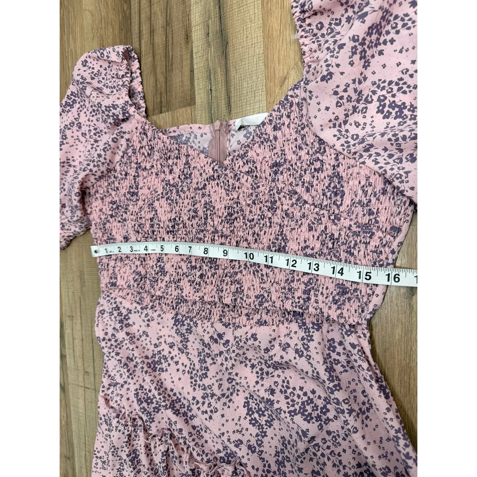 Goodnight Macaroon Pink Floral Smocked Mini Dress Puff Sleeve Size Small - Image 8