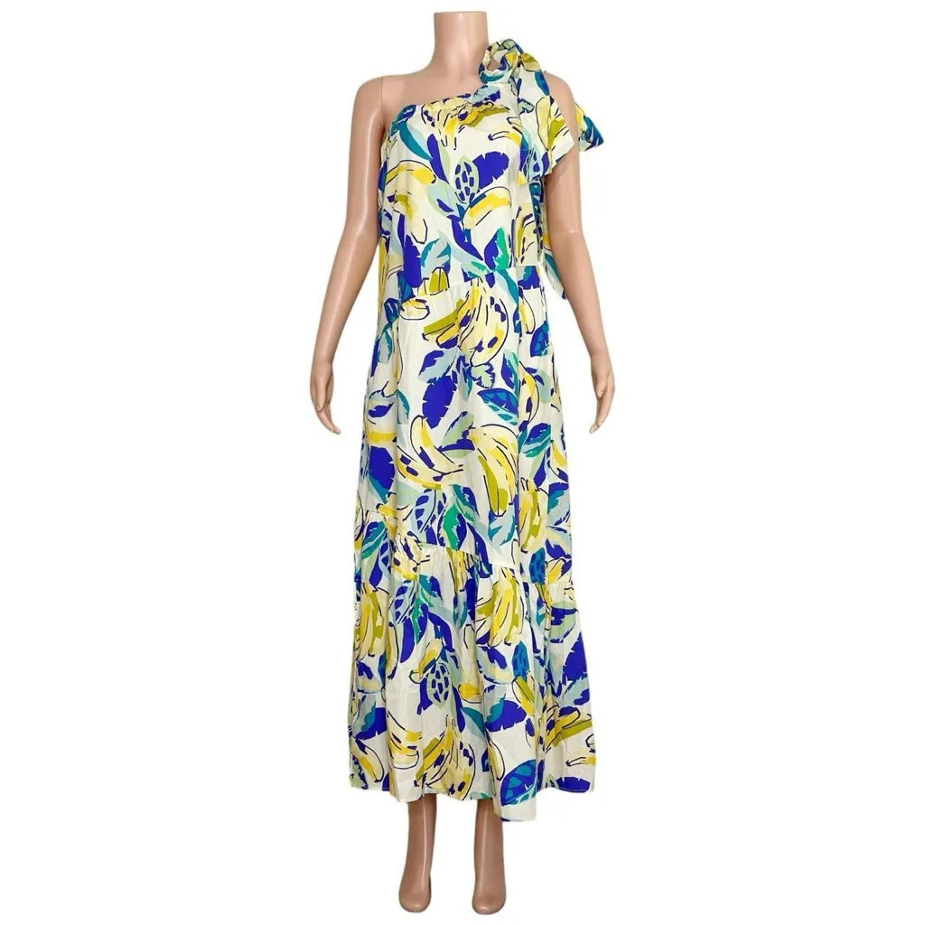 ANTHROPOLOGIE One Shoulder Bow Banana Print Maxi Dress, Yellow, Small - Image 6