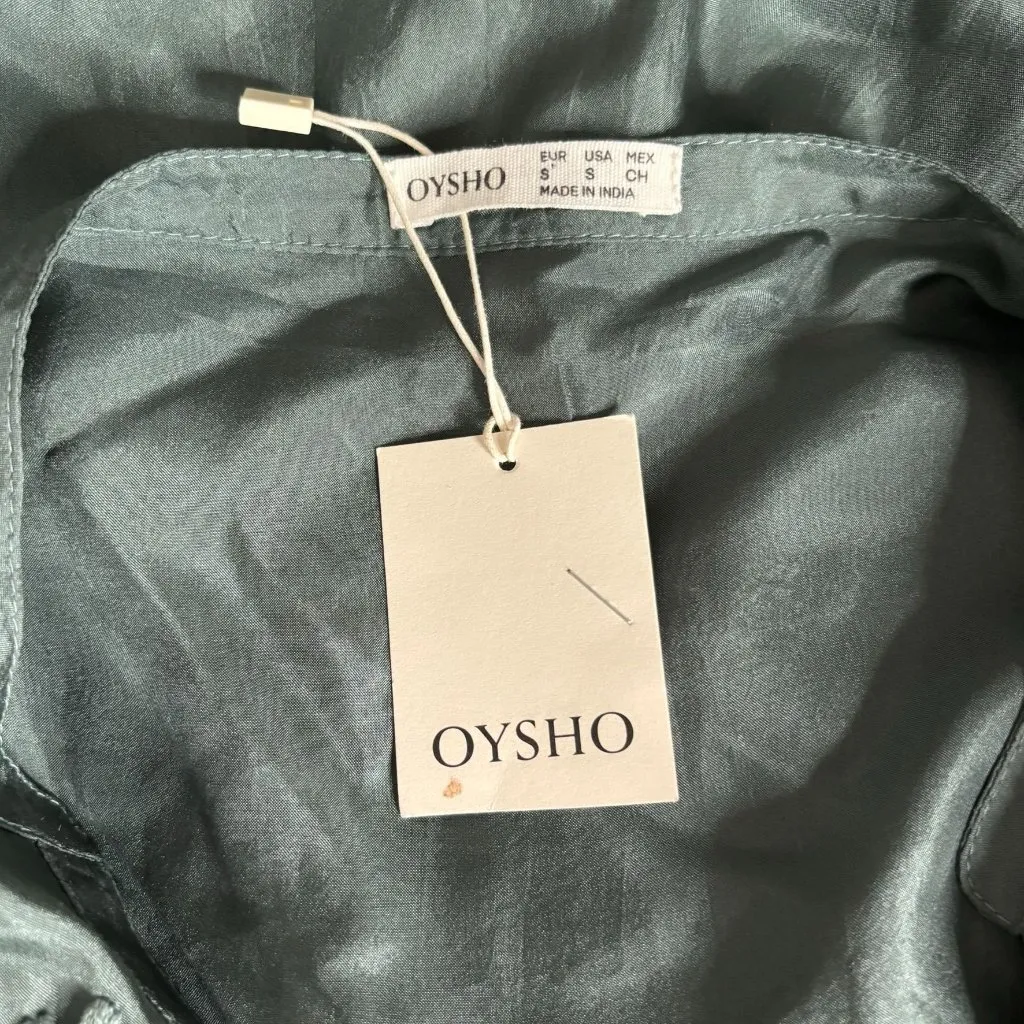 Oysho Silk Embroidered Kaftan Dress Size S Green V Neck Light Slightly Sheer NEW - Image 8