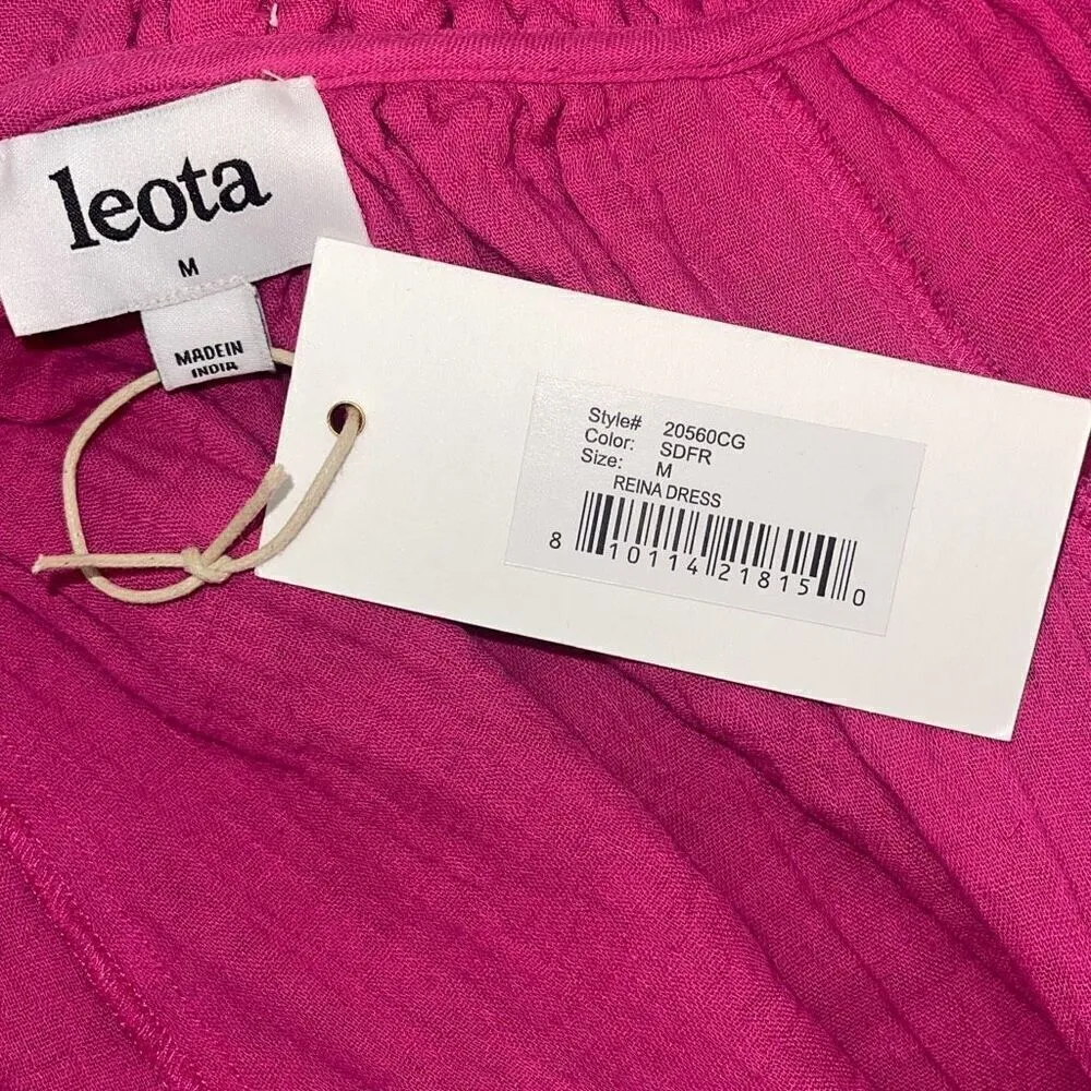 Leota Womens Long Sleeve Tie Waist Cotton Gauze Rena Mini Dress Pink Fuchsia Med - Image 7