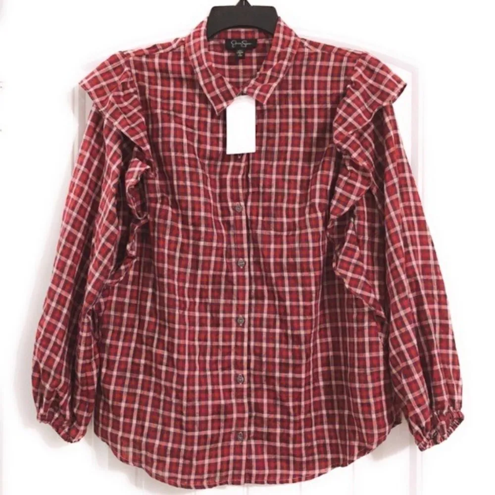 Jessica Simpson Sadie Ruffle Top Woodrose Dylan’s Plaid, Size L New w/Tag $69.50 - Image 3