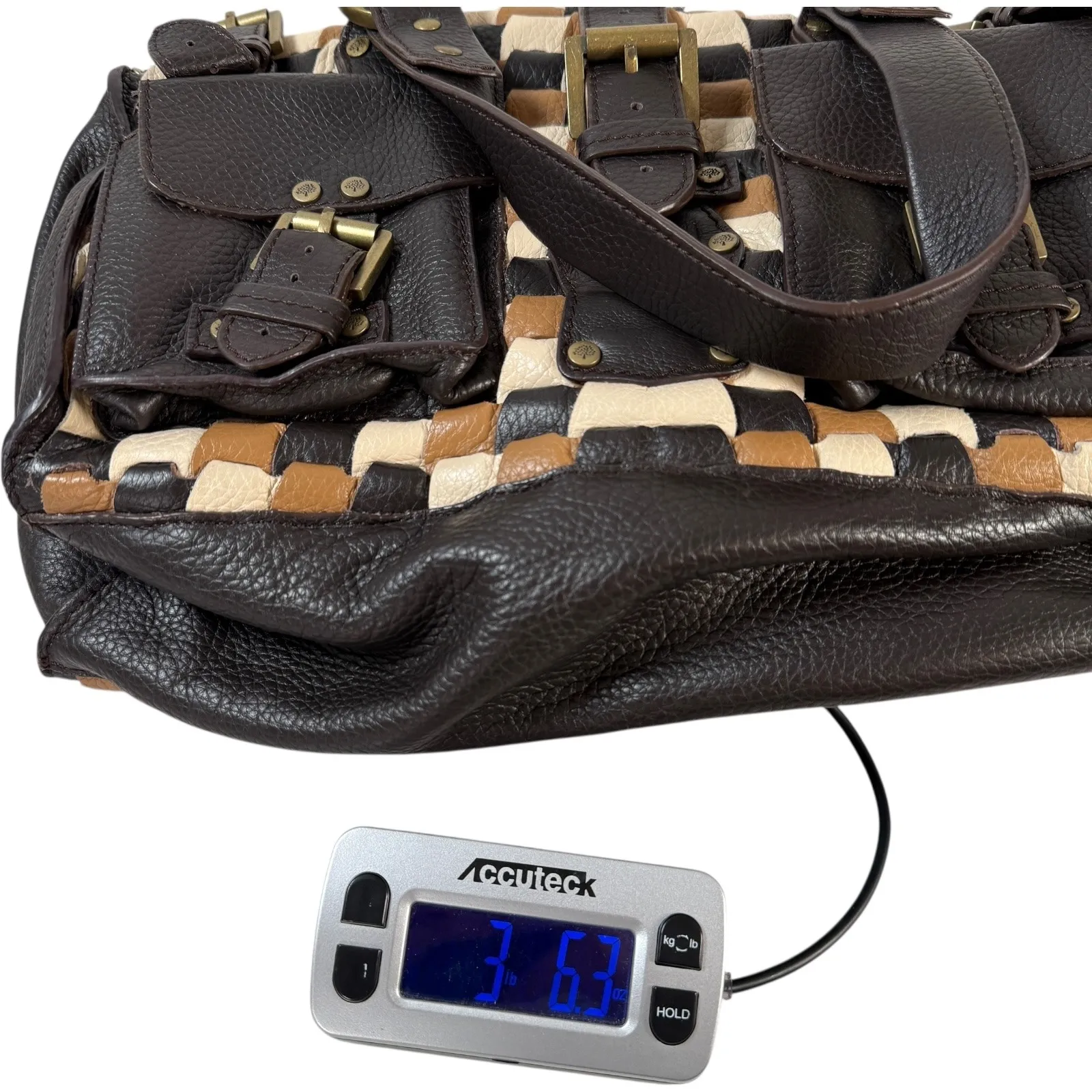 Mulberry Roxanne Bag Tricolor Woven Leather Satchel Brown Black Cream Rare VTG - Image 2