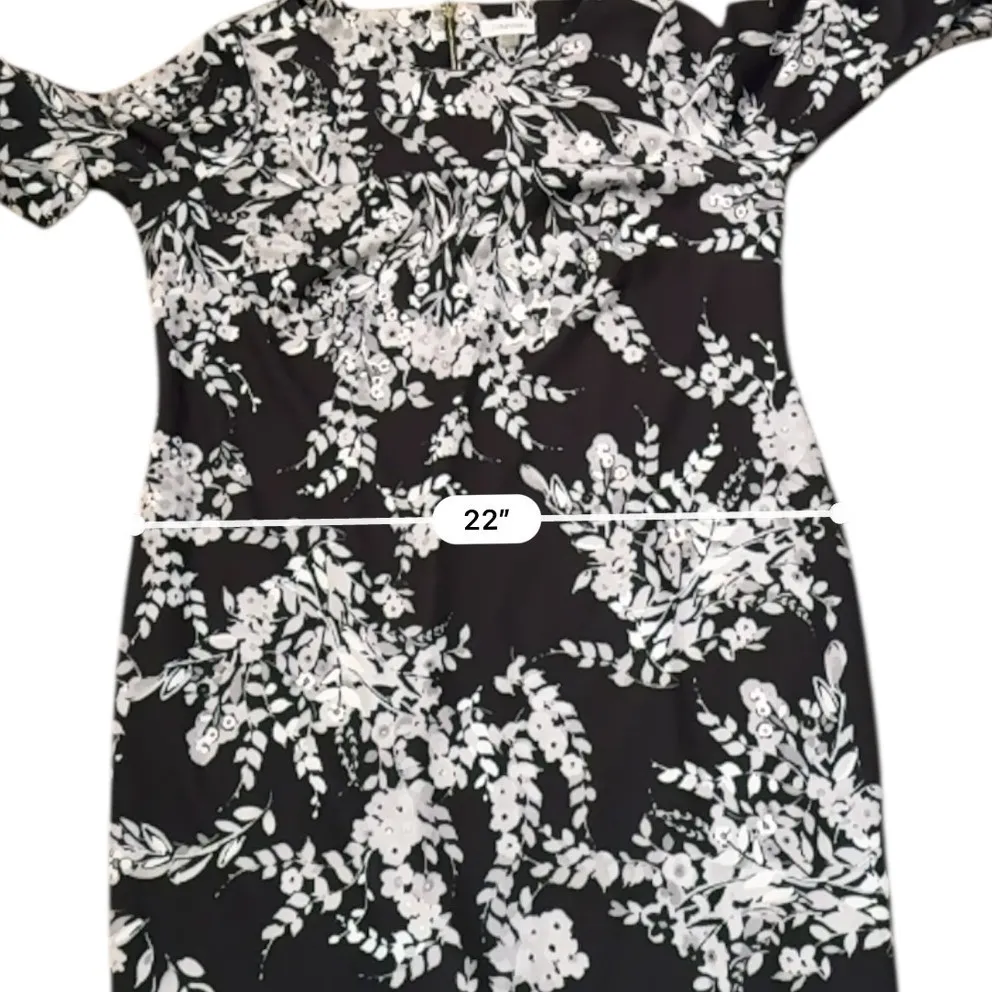 Calvin Klein Floral Bell Sleeve Dress Women's 16W Black White Knee Length - Image 8