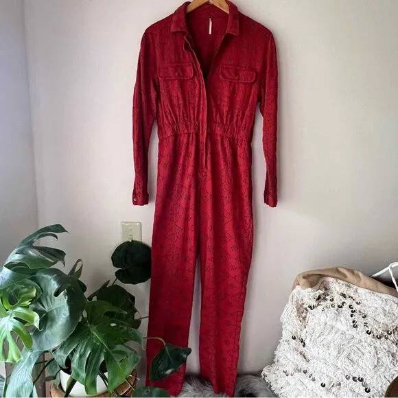 FREE PEOPLE Set The Tone Eyelet‎ Jumpsuit Rust Boiler Jumper Front Zipper SIZE 0 - Image 5