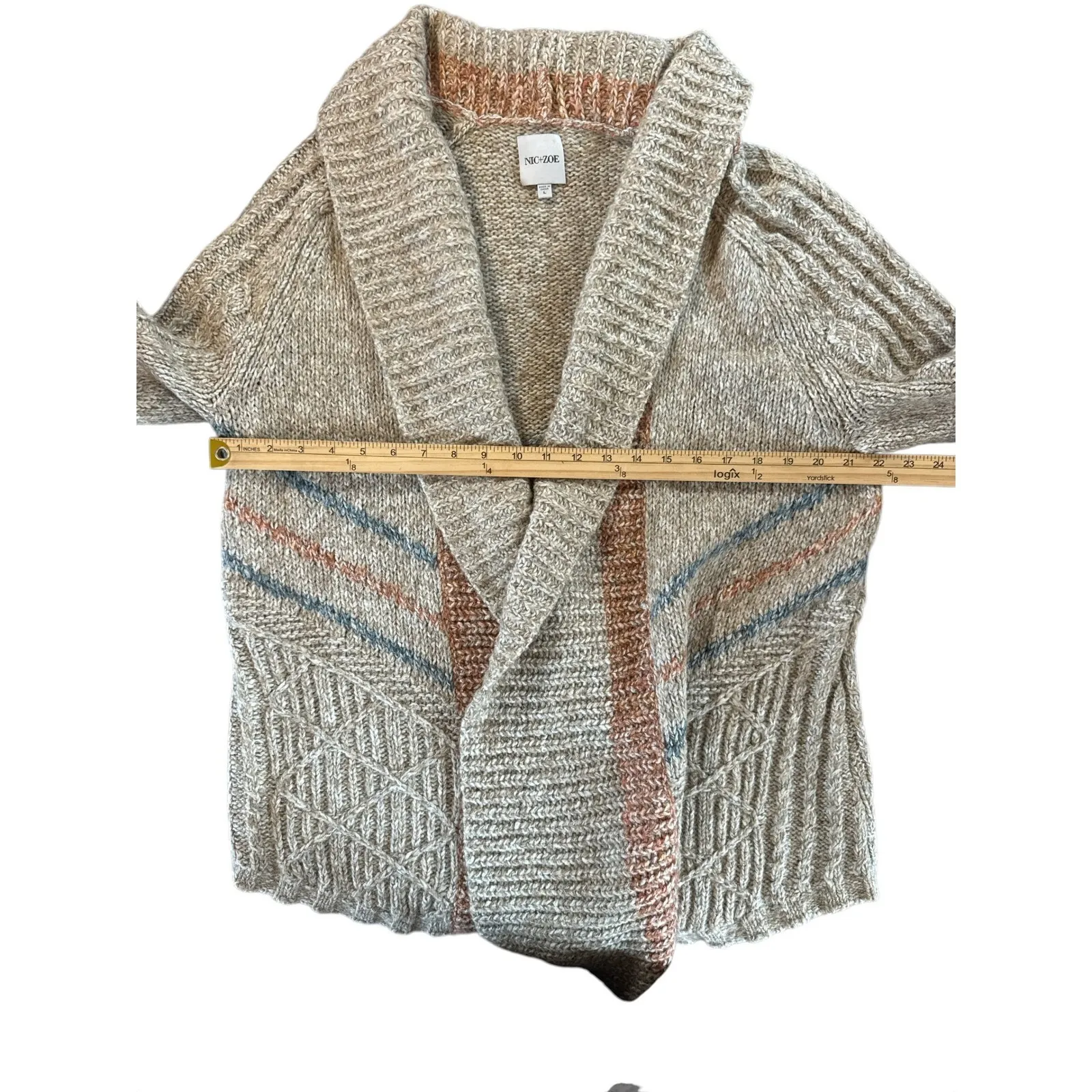 NIC+ZOE Beige Striped Shawl Collar Cardigan Sweater Women Large - Image 5