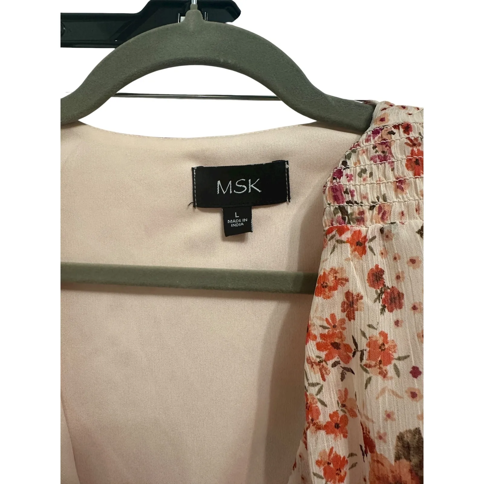 MSK‎ Floral Print Long Sleeve Mini Dress Smocked Waist Ruffle Hem L Orange Size L - Image 2