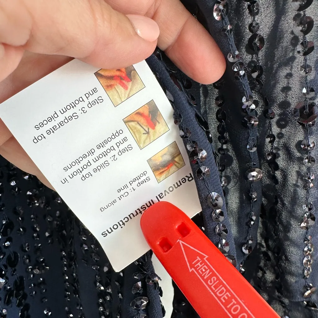 Mac Duggal Sequined V Neck Bishop Sleeve‎ Midi Dress Navy Blue Size 16 #93593 - Image 7