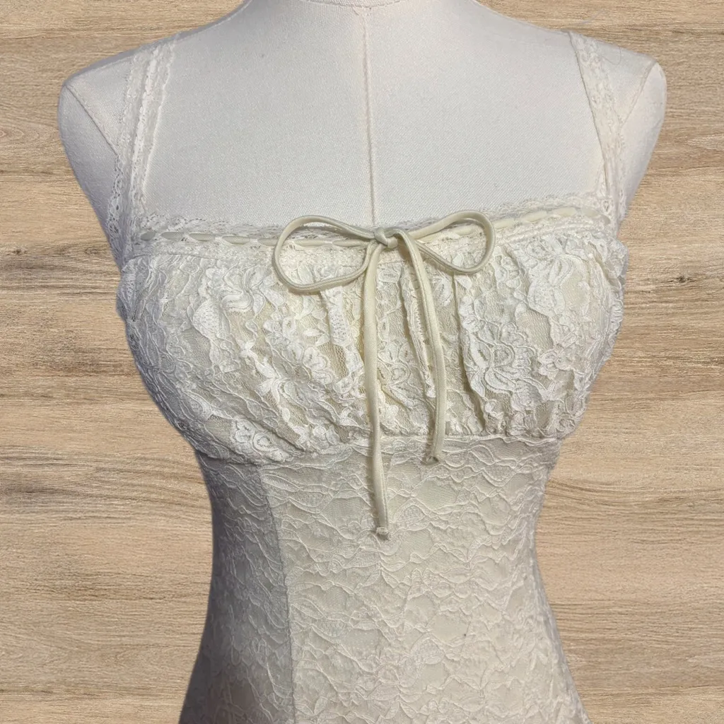 Lace Mini Dress Ethereal Fairy Coquette Ruffle Hem Cottagecore Slip size Small - Image 4