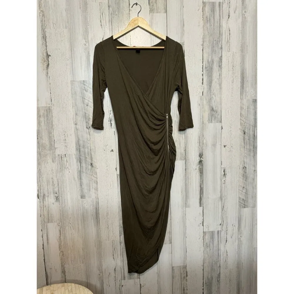 Hot Kiss Olive Green Draped Maxi Dress Ruched Side Long Sleeve Size XL - Image 2