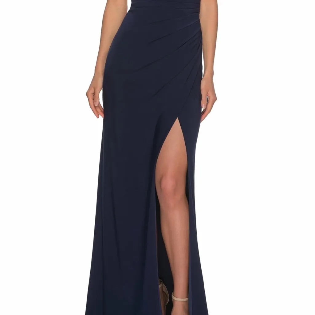 LA FEMME Navy Ruched Jersey Trumpet Gown Dress SIZE 6 NWT - Image 2