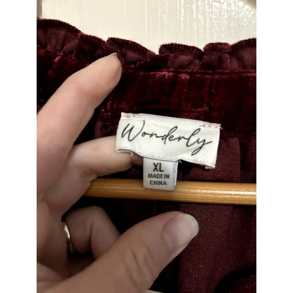 NWT Wonderly Velvet Feel Burgundy XL Puffed Sleeve with Ruffle Detail - Image 3