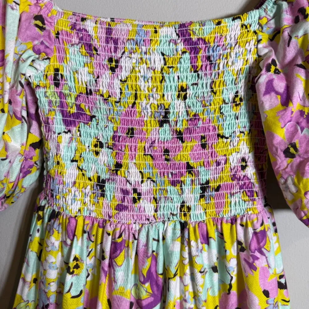 Pinch Puff Sleeve Floral Tiered Midi Dress Womens Small Smocked Boho Cottagecore Pink - Image 6