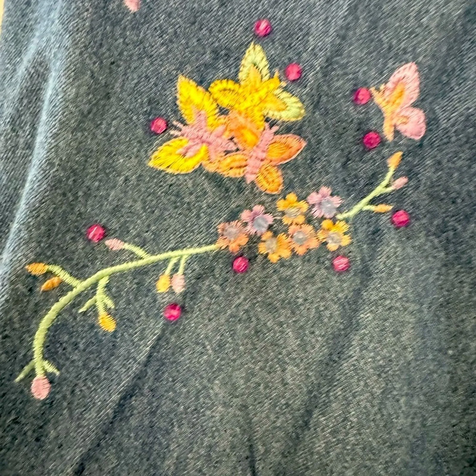 Y2K UGLY Butterfly Flower Embroider w pink diamond Button Down Denim shirt - Image 3