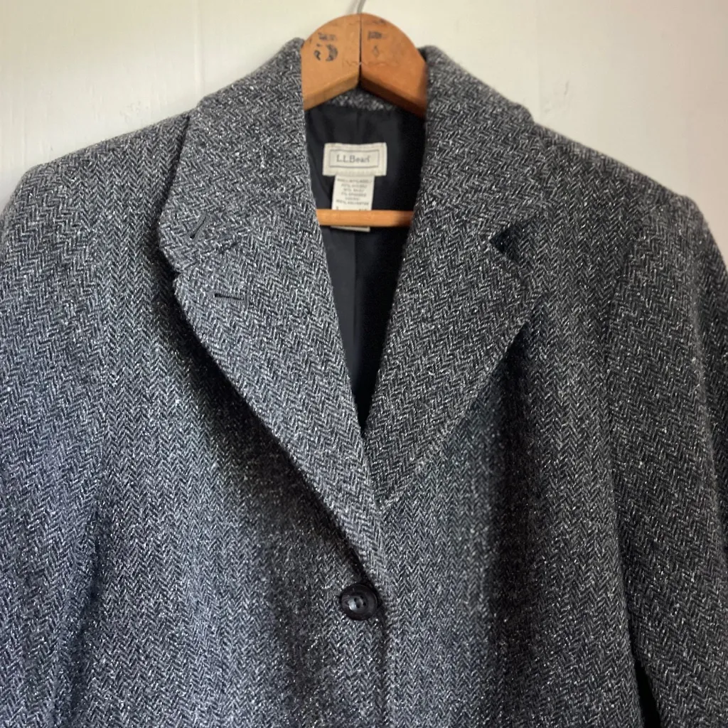 LL Bean Grey Herringbone Tweed Wool Silk Blazer Riding Jacket Heritage Classic - Image 2