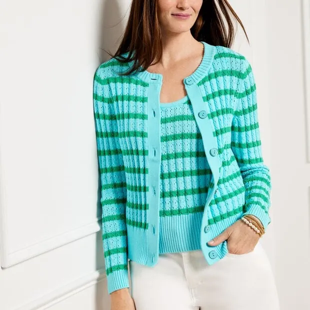 Talbots Textured Knit Striped Button Up Cardigan Sweater Tank Top Set XS - Image 2