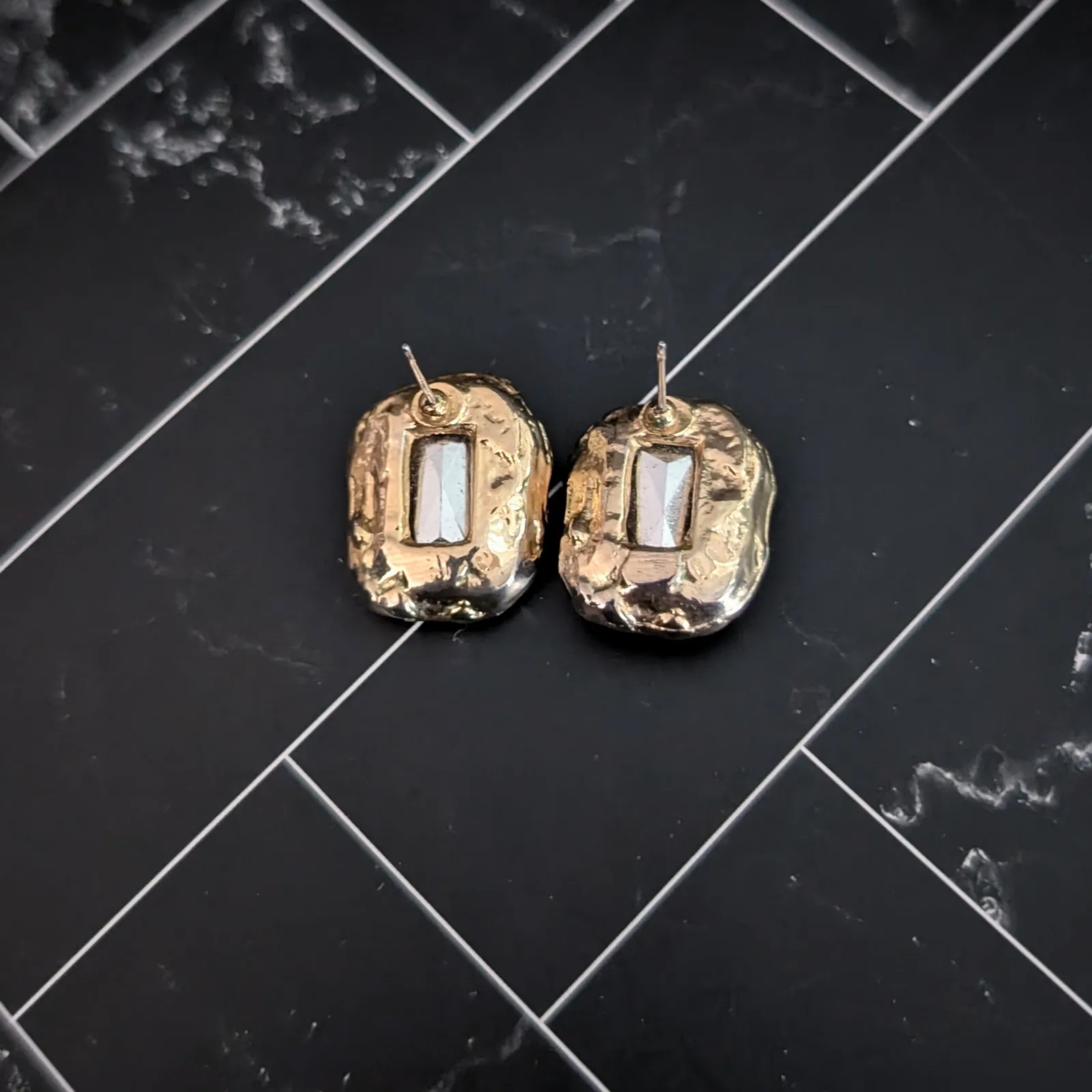 Vintage Stud Earrings Elegant Green Gem with Ornate Gold Tone Halo - Image 4