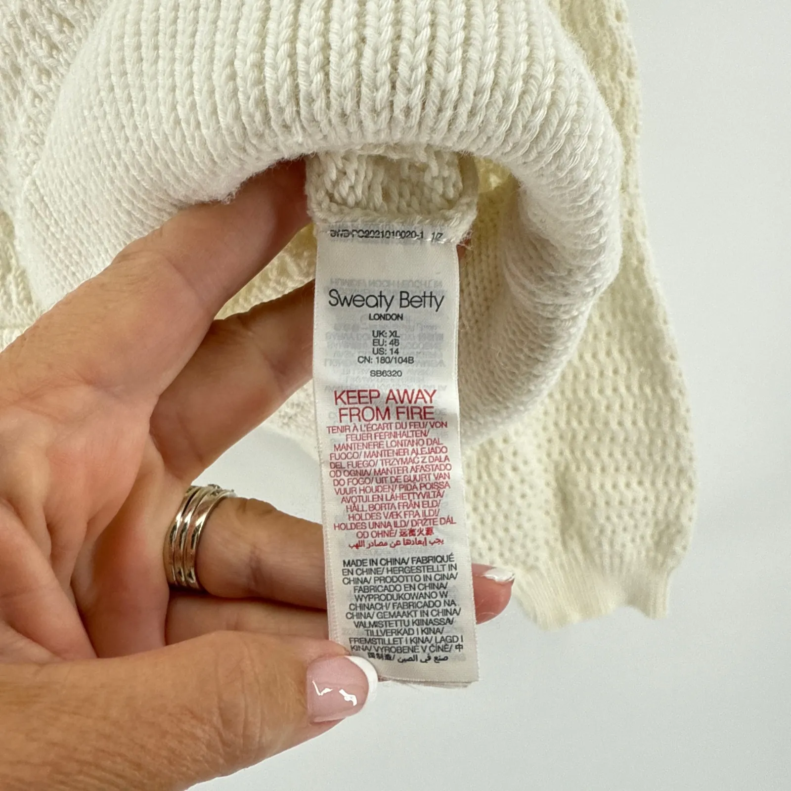 Sweaty Betty Tides High Open Weave Cream Knit Drawstring Pullover Sweater SZ XL - Image 9