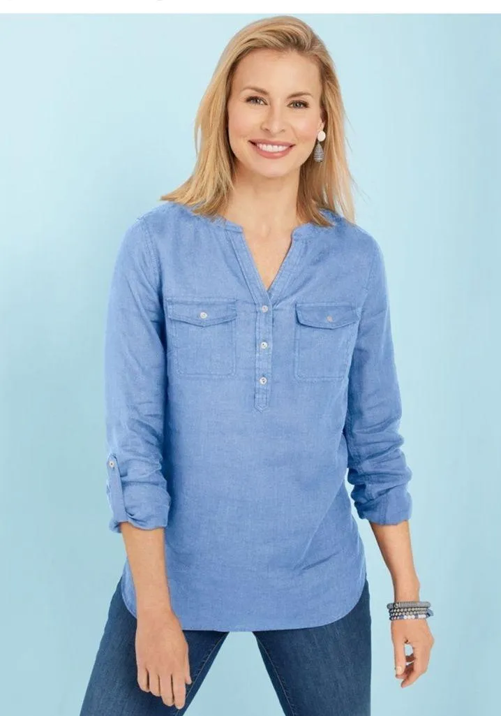 Talbots Light Blue LINEN Camp Blouse Size LARGE PETITE - Image 10