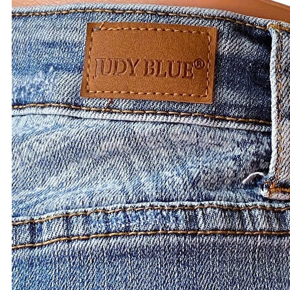 JUDY BLUE Good Vibes Paisley Bandana Printed Denim Blue Jean Shorts Womens SMALL - Image 11