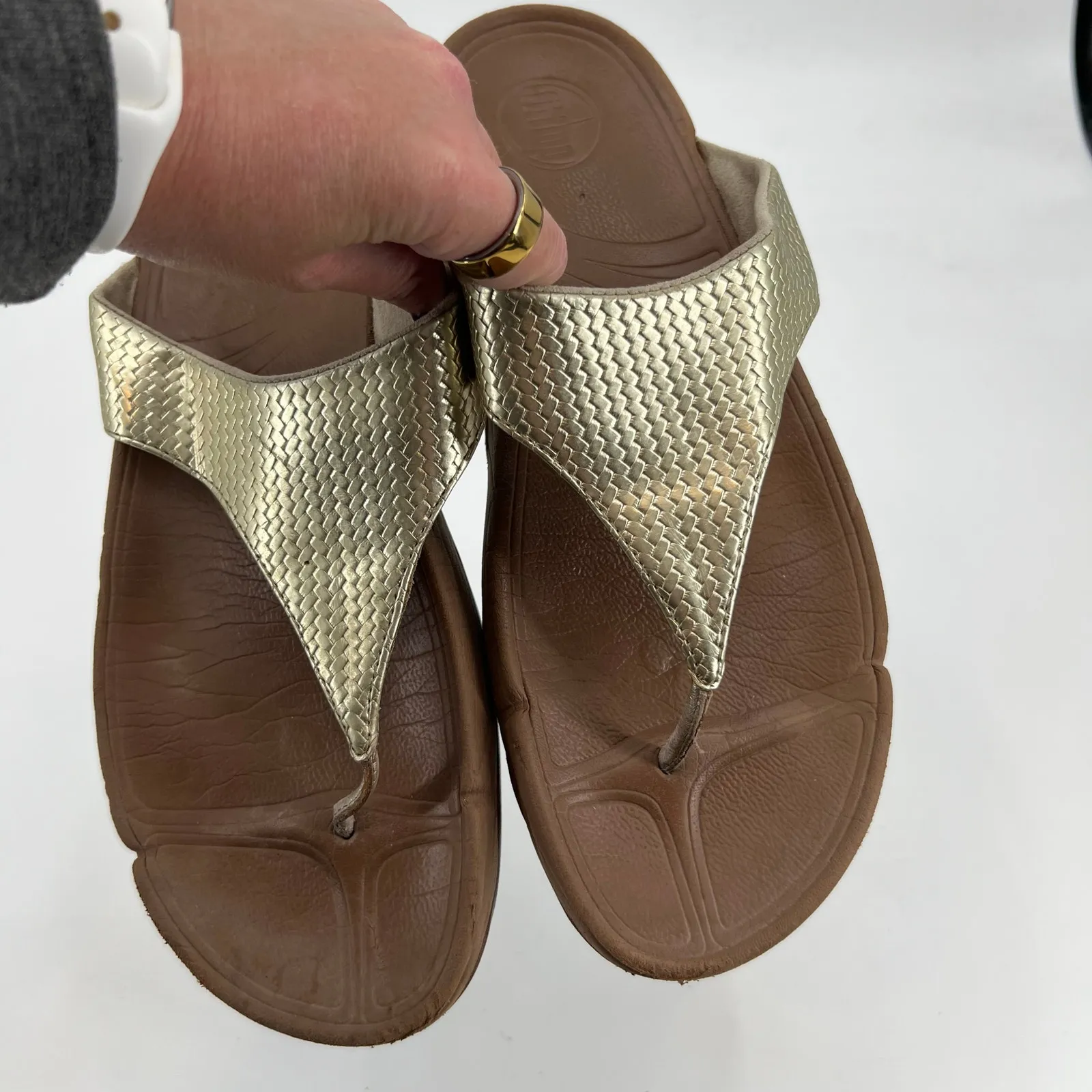 FitFlop Lulu Weave Thong Sandals Pale Gold Brown Shoes style 407-308 size 11 - Image 6