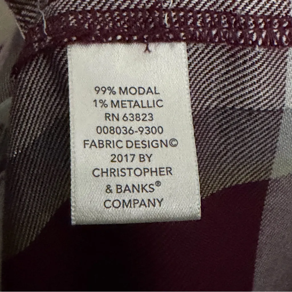 Christopher & Banks Shirt Button-Up Pockets Lightweight Plaid Sparkle Wine Grey - Image 12