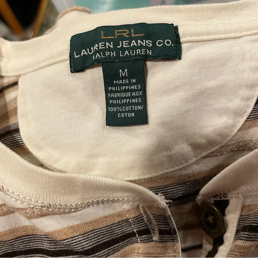 Vintage 90s-Y2K Cute creamy coffee stripe Ralph Lauren henley soft - Image 4