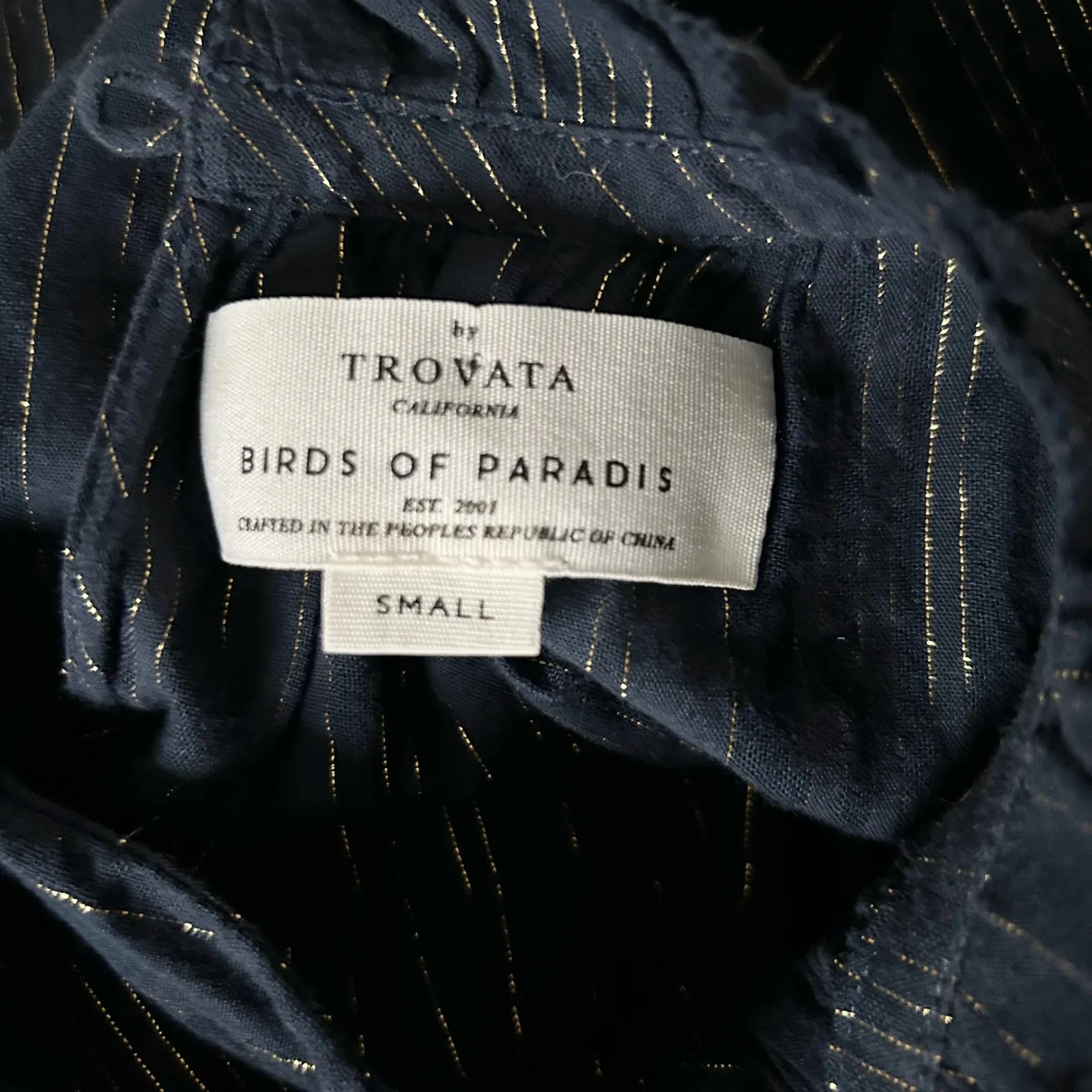 Trovata Birds of Paradis Carla Metallic Navy Stripe High Neck Top Size Small Blue - Image 5