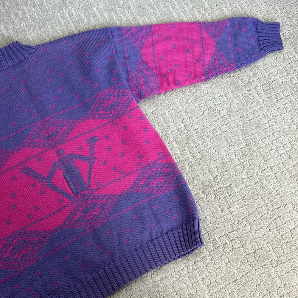 VTG 80s 100% wool turtleneck mock neck sweater pink purple ski motif apres ski Size M - Image 7