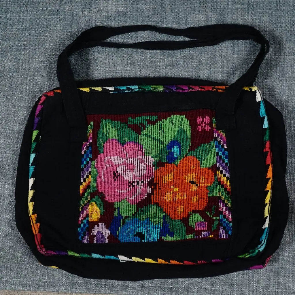 Spanish Floral Tote Handbag Stitched Flower Multicolor Hippie Boho Bag MCM Black - Image 1