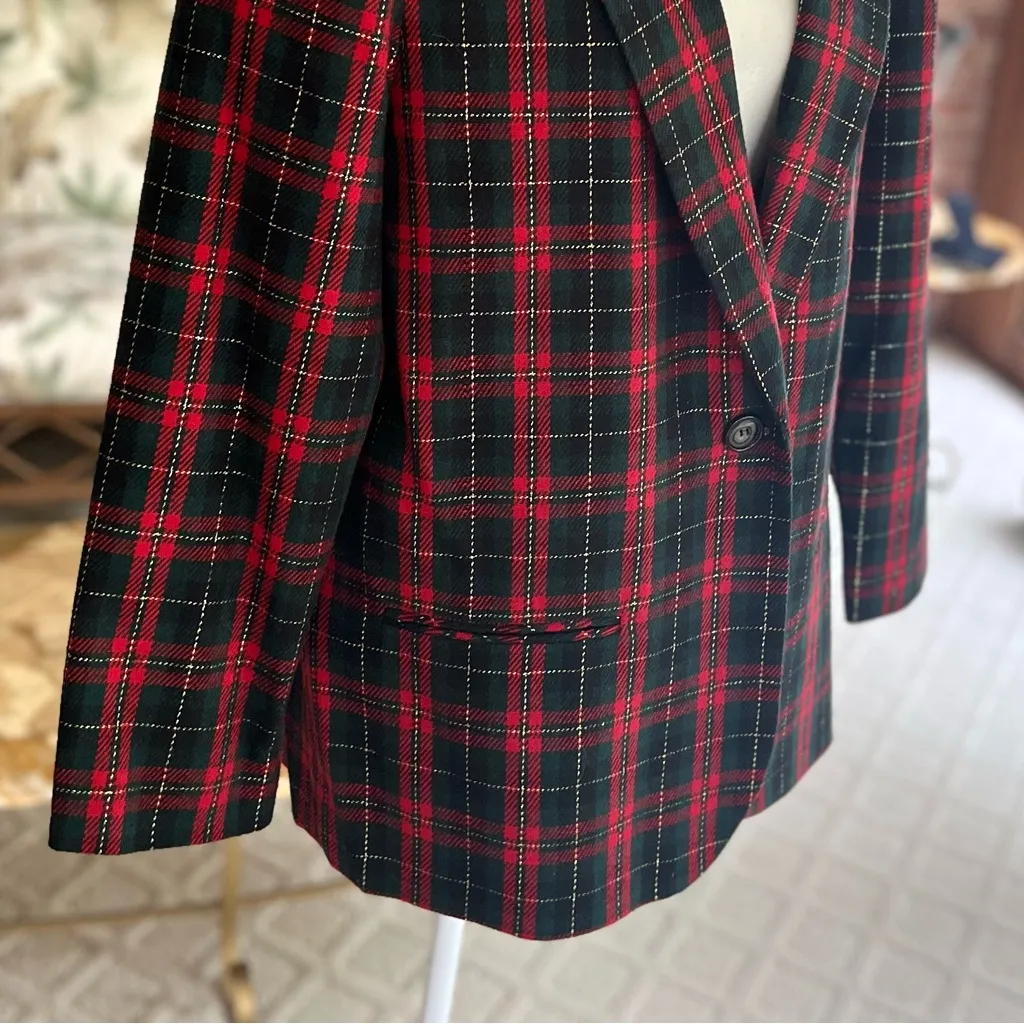 90s Sag Harbor Vintage Red Black Tartan Plaid Metallic Blazer 16P Preppy - Image 9