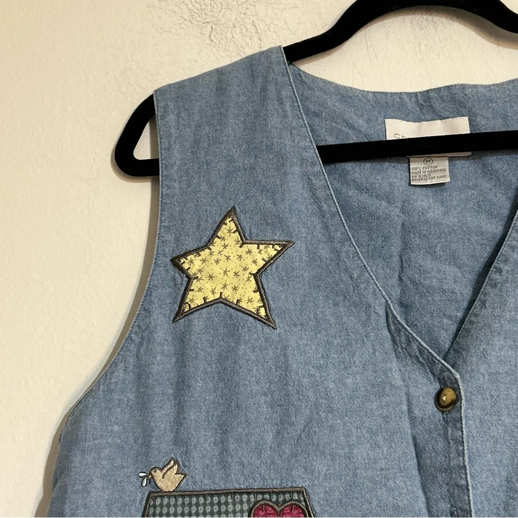 Vintage Animal Arc Embroidered Whale Elephant Giraffe Lion Denim Vest Novelty Blue Size M - Image 5