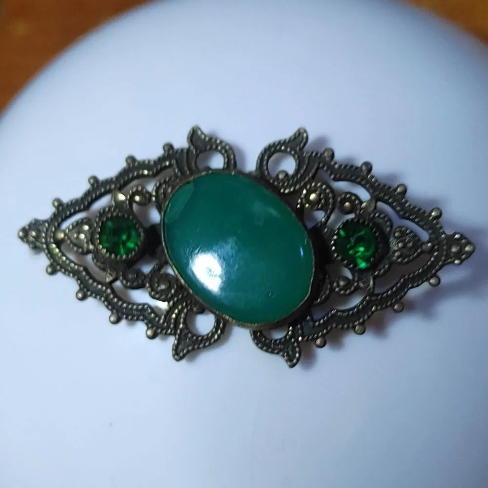 Antique Vintage Brass Brooch Green Cabochon Rhinestone Ornate Filigree FLAW - Image 9