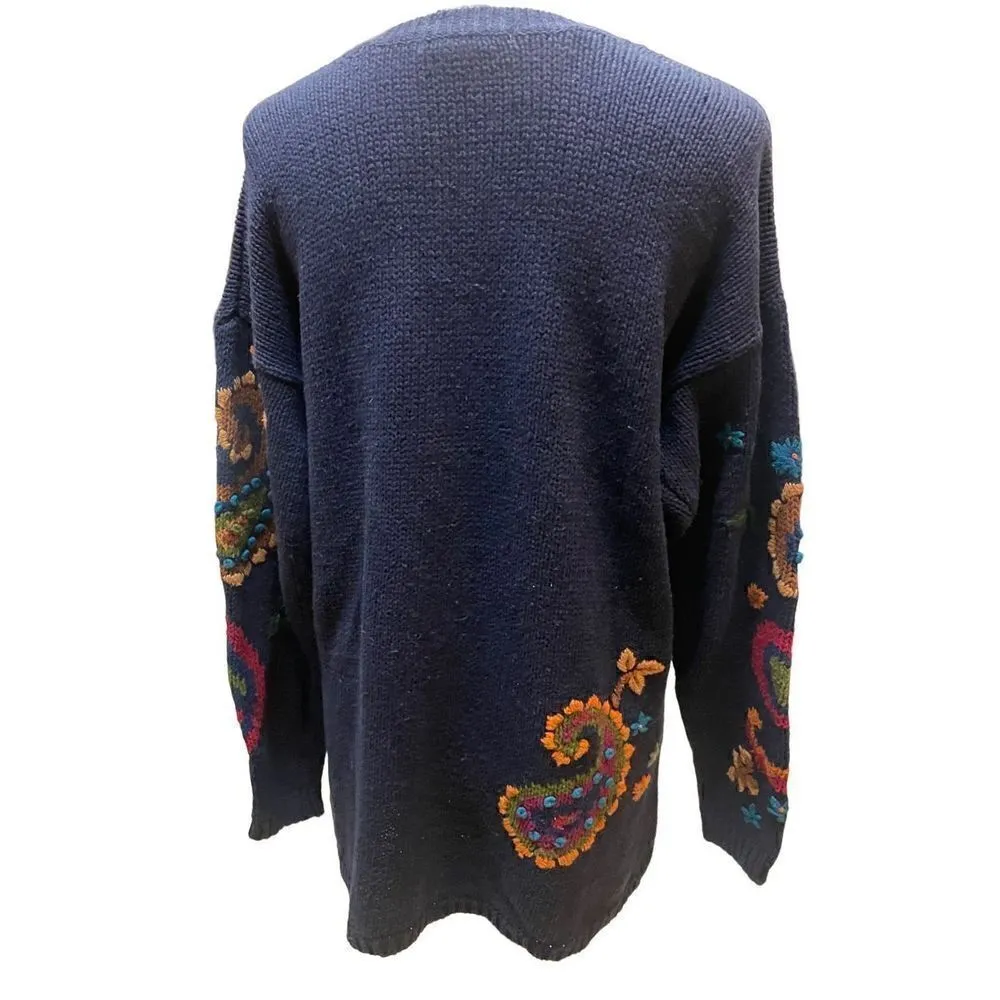 Christina Navy Blue with Bright Colored Paisley Pattern Crewneck Long Sleeve Han Size L - Image 11