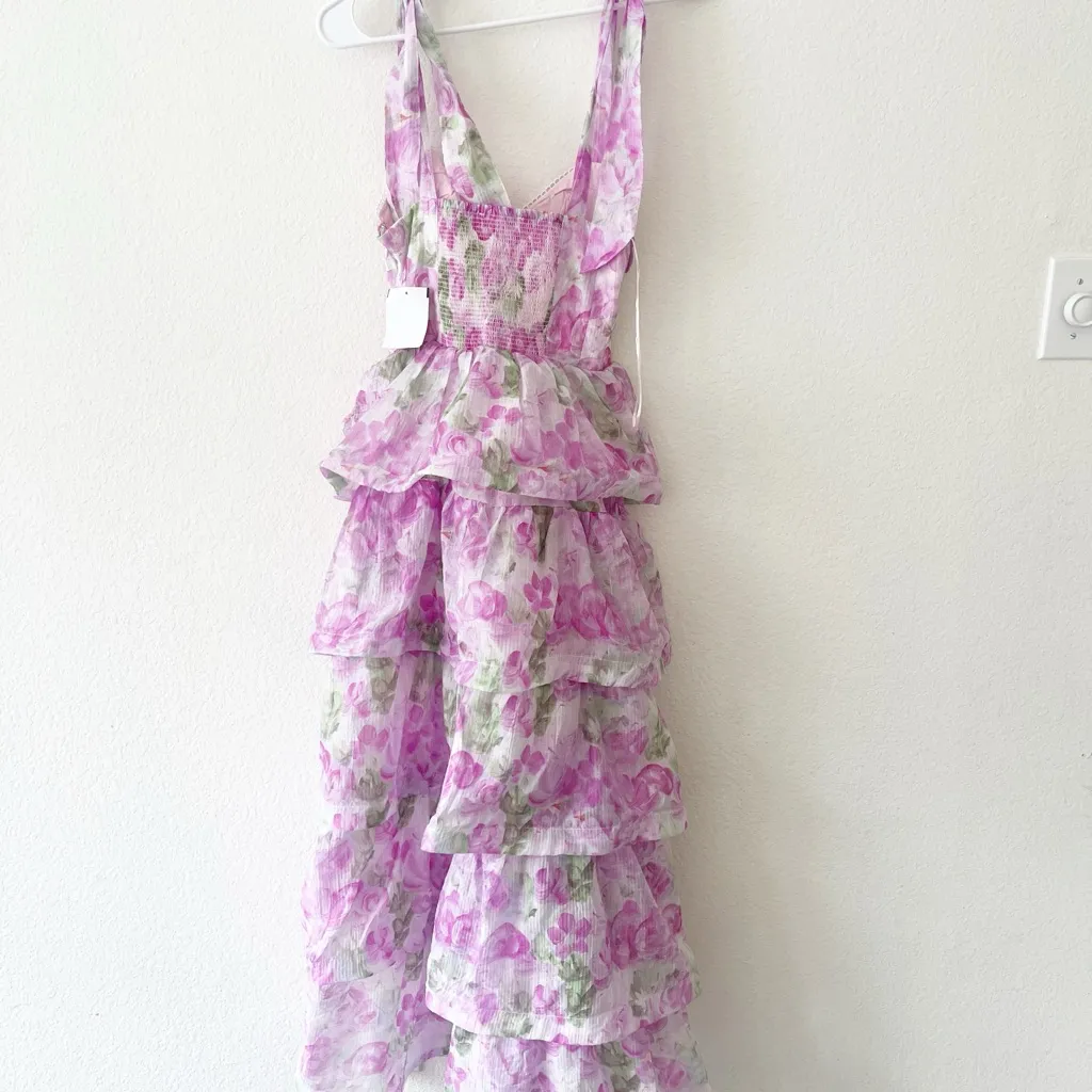 ASTR The Label Zirconia Tie Strap‎ Tiered Dress in Lavender Floral Size XS NEW - Image 4