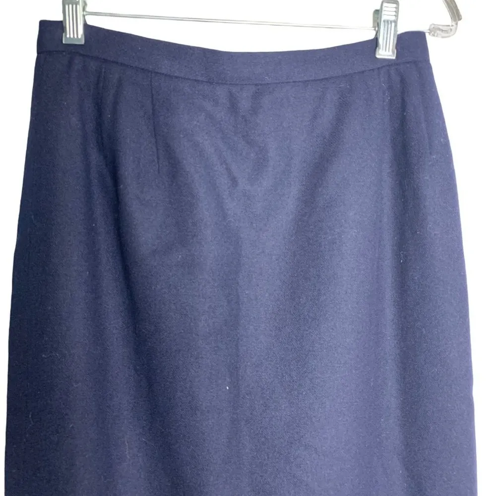 Vintage Richard Evans Pencil Skirt S Navy Blue Wool Blend Lined Button Zip - Image 2