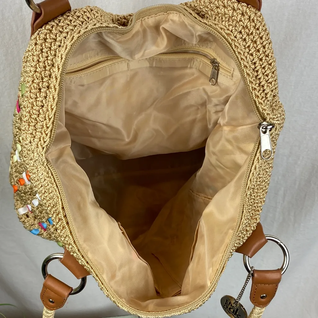 The Sak Tan Woven Ribbon Crochet Bohemian Peasant Top Handle Shoulder Handbag - Image 4