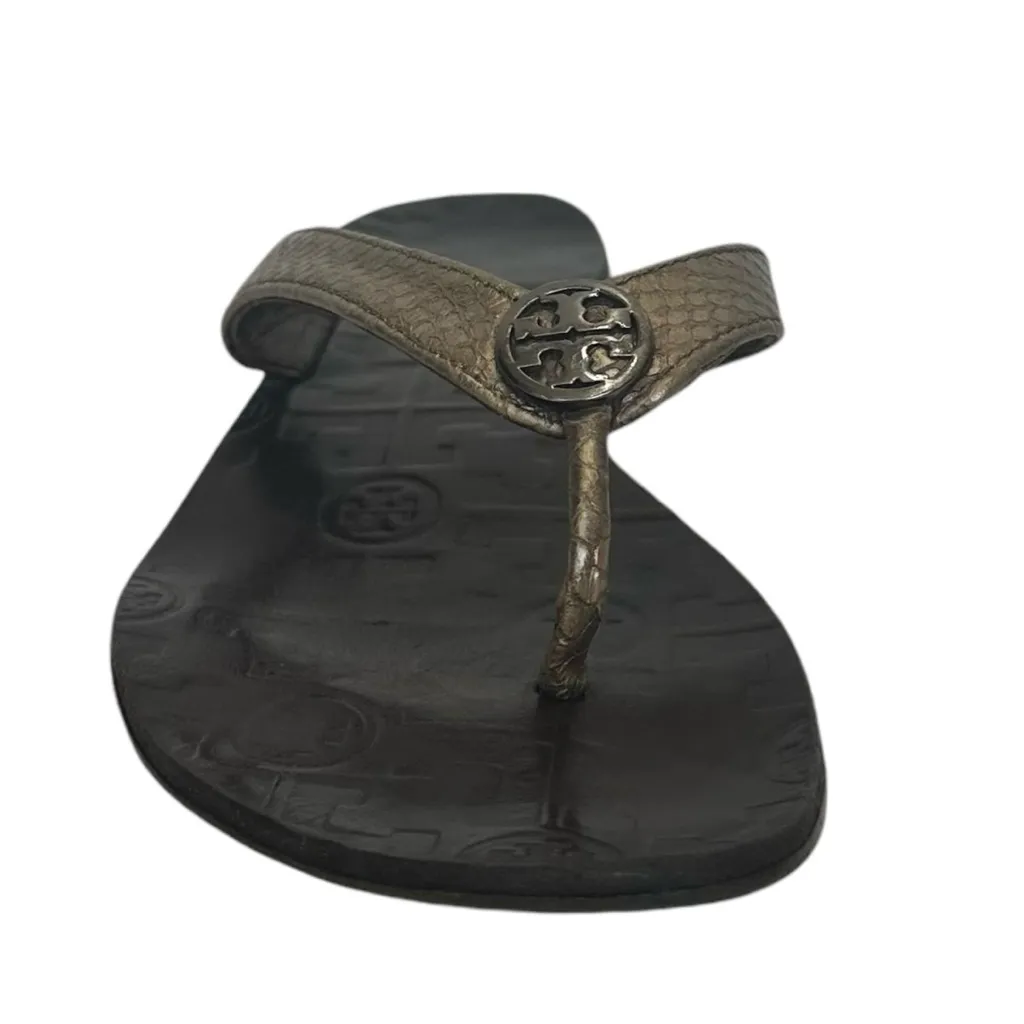 Tory Burch Thora 2 Leather Thong Sandals Pewter Metallic Tumbled Snake Print 7 M - Image 2