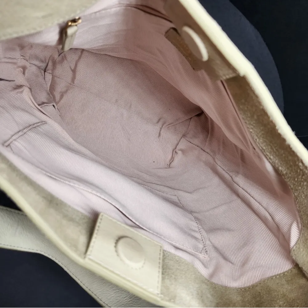 Margot New York Neutral Suede Genuine Leather Kaye Bucket Large Tote Lined Tan - Image 9