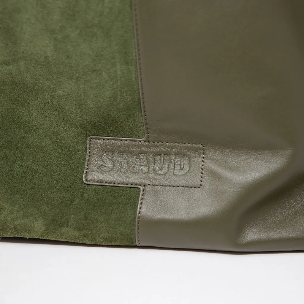 Staud Ida Genuine Leather Suede Bi-Panel Shoulder Purse Tote Bag Green Olive - Image 2