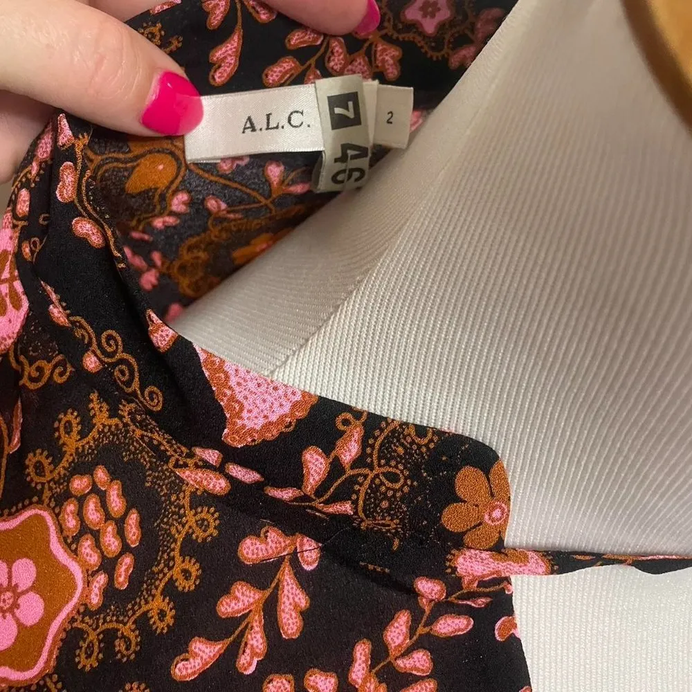 A.L.C. Sacha Long-Sleeve Floral Silk top, Henna/Black/Pink - Image 3