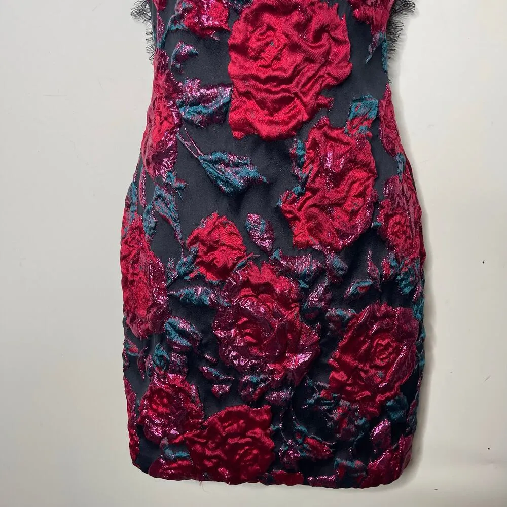 NWT Sandra Mansour jacquard pink roses mini black dress sz 34 US XS - Image 11