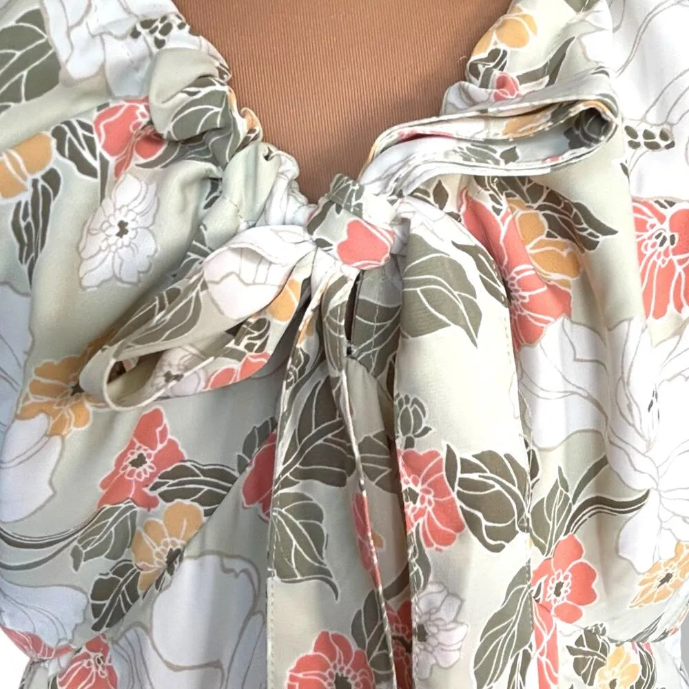 Abercrombie & Fitch XLP Floral Tulip Midi Dress Sage Green Pink White Bow Front - Image 5