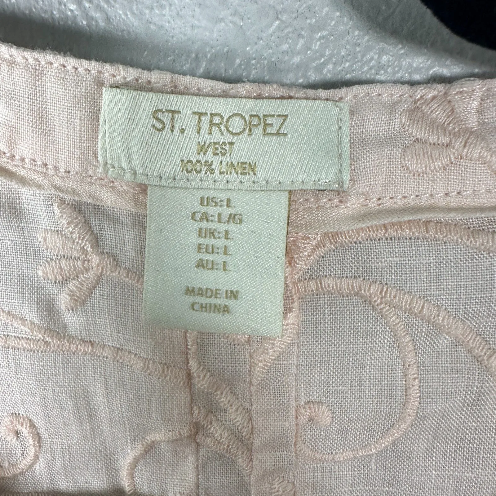 St. Tropez West 100% Linen Pale Pink Floral Embroidered Tunic Blouse Size Large - Image 4