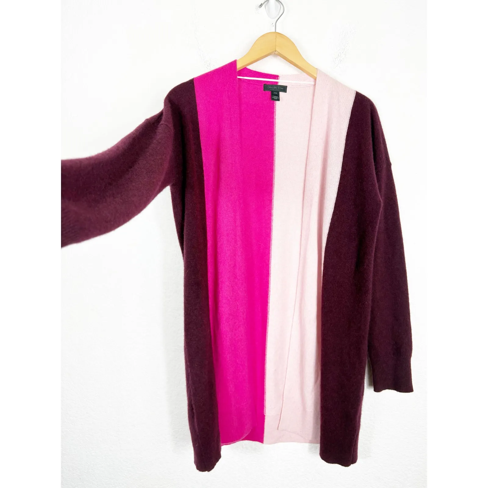 Saks Fifth Avenue 100% Cashmere Long Cardigan Sweater Medium Color Block Cozy - Image 10