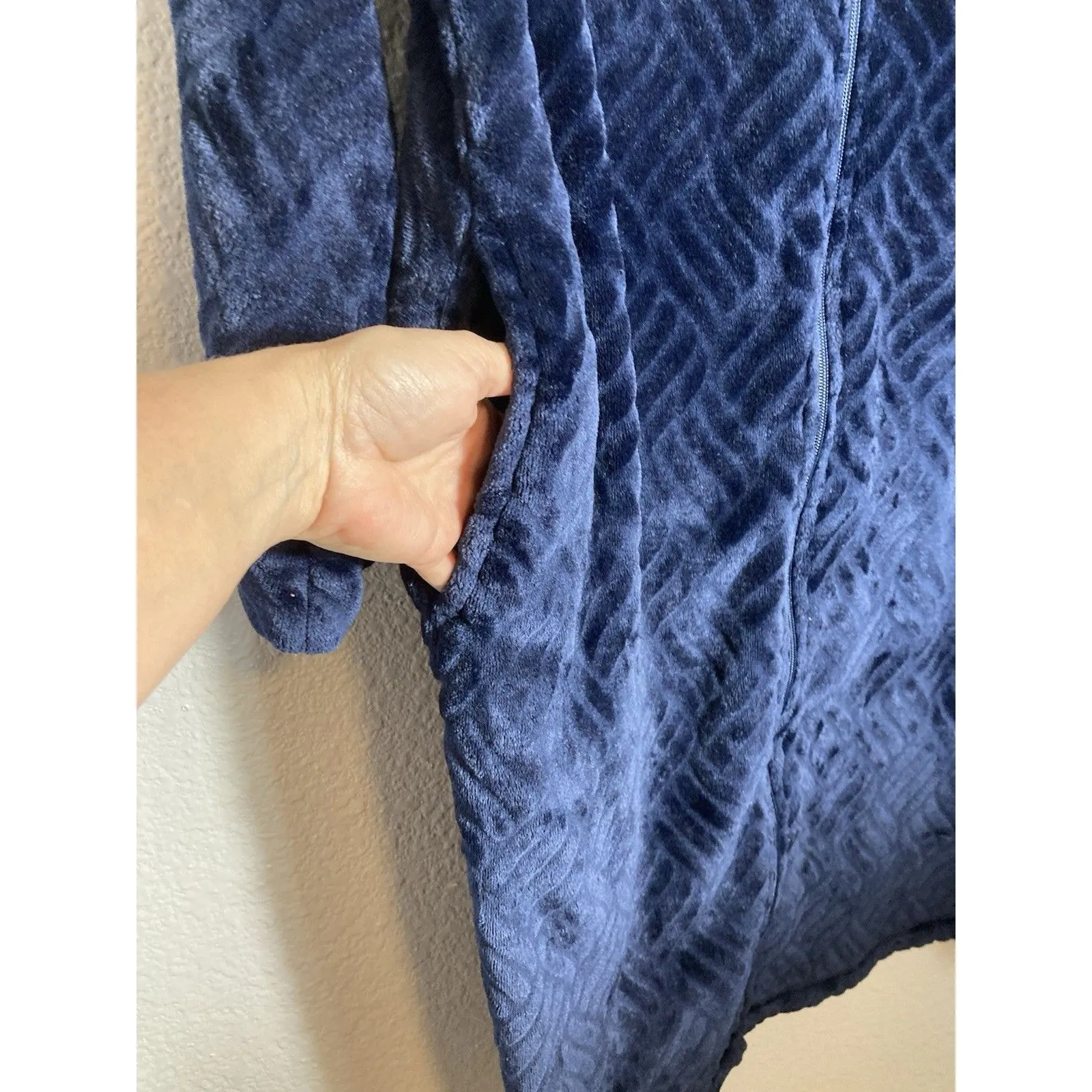 Kim Rogers Plush Fleece Velvet Robe S Zip Blue Herringbone Pockets Loungewear - Image 2