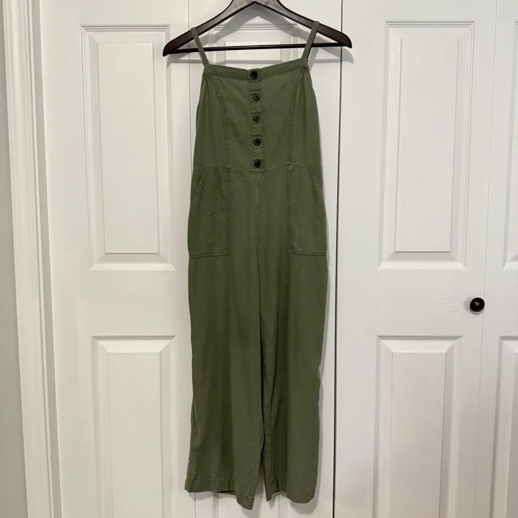 Old Navy Olive Green cropped Jumpsuit size Small linen blend‎ pockets adjustable - Image 3