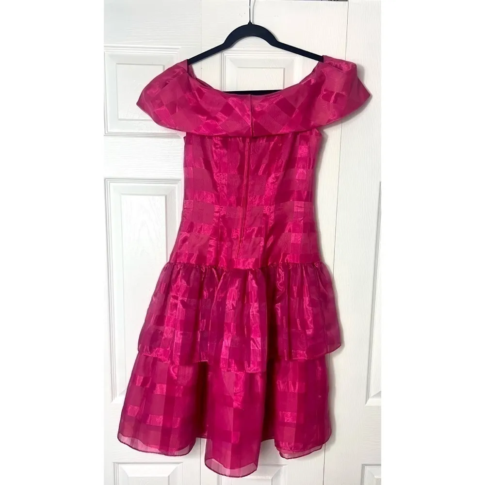 Vintage Pink Off Shoulder Tiered Ruffle Organza Cocktail Party Dress Size Small - Image 14