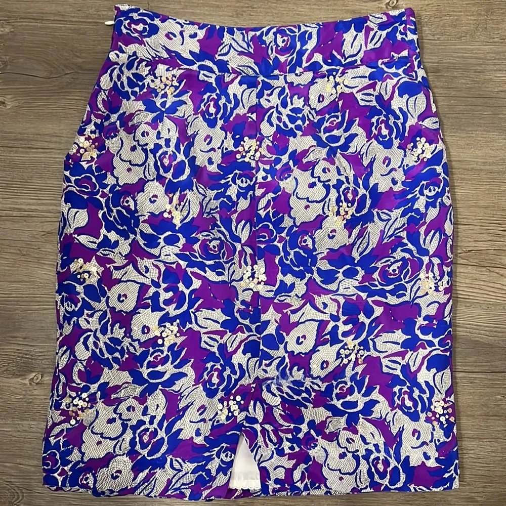 Anthropologie Fei 100% Silk Purple/Blue Floral Pencil Skirt Size 2 - Image 11