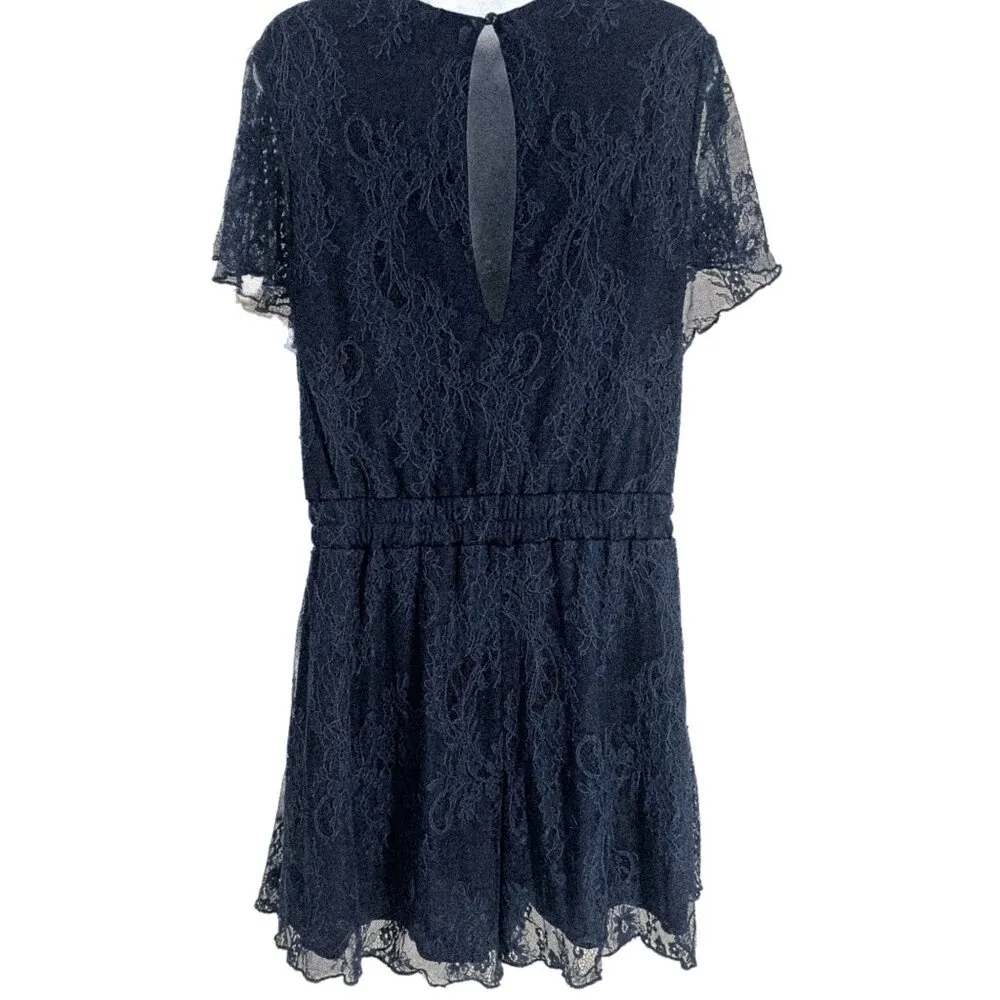 Trixxi Floral Lace Short Sleeve Flowy Flare Leg Shorts Romper Navy Blue XL - Image 3